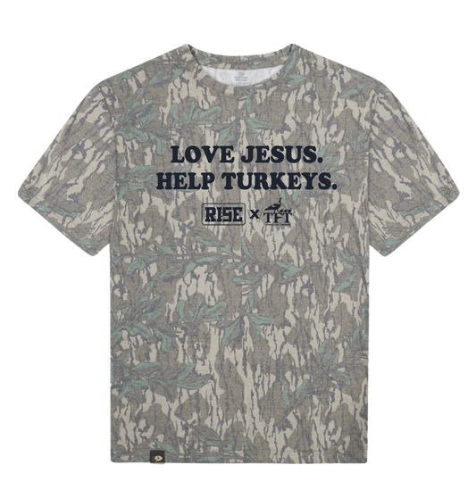 LOVE JESUS. HELP TURKEYS. RISE X TFT - ADULT TEE - Orders will ship beginning week of 23 NOV 2026